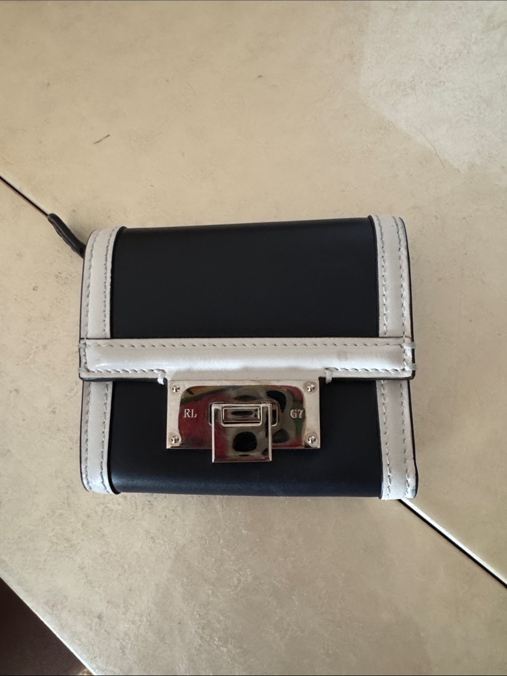 Ralph Lauren Navy Leather Mini Wallet with White Trim and Silver Hardware